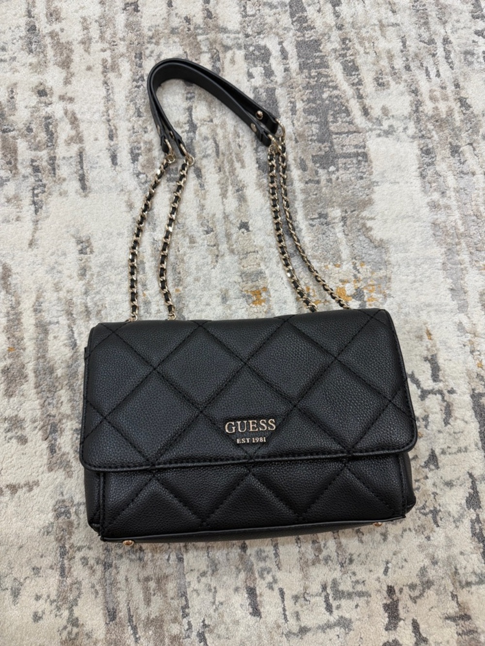 GUESS Black Quilted Shoulder Bag with Gold Chain